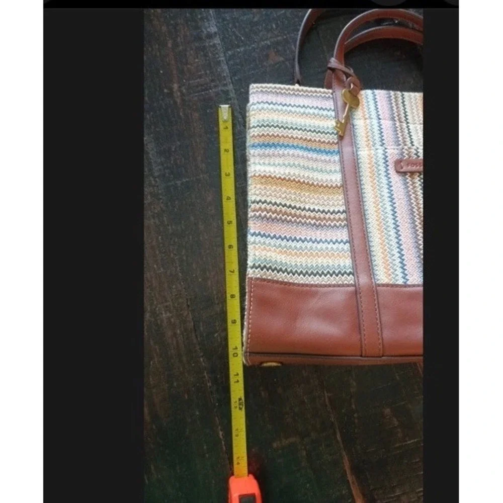 Fossil Carmen Tote Southwest Stripe Knit Leather Handles Boho Satchel Bag - Picture 6 of 6